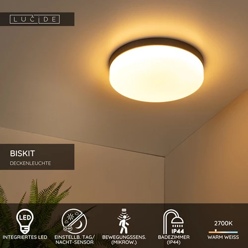 Lucide BISKIT - Deckenleuchte Badezimmer - Ø 34,5 cm - LED - 1x24W 2700K - IP44 - Bewegungssensor - Schwarz - USP